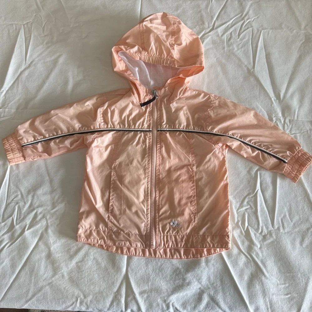Falls Creek Peach Hooded Girls Raincoat Embroidered Flowers Pockets Size 18 Mo